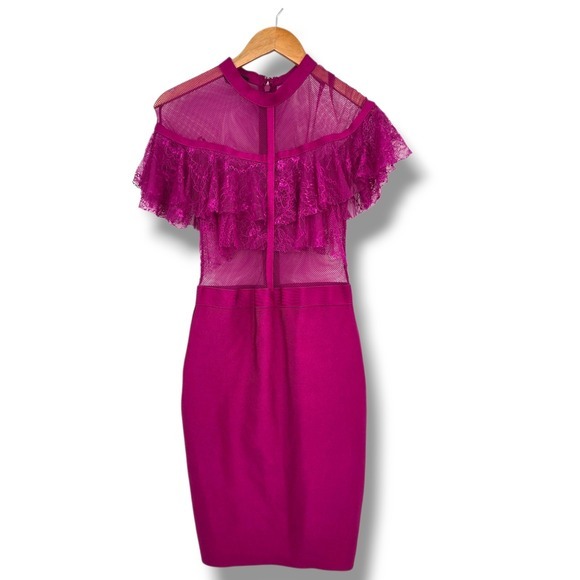 Bebe Bodycon Dress Lace Ruffle Mesh Party Cocktail Dress Magenta Size M - Picture 1 of 9